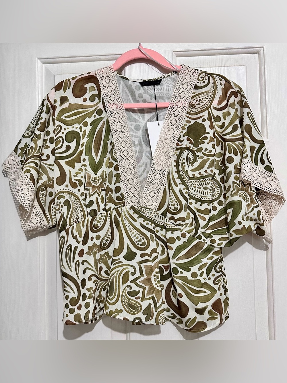 NWT Zara Olive Green and Brown Paisley Lace-Trim Blouse